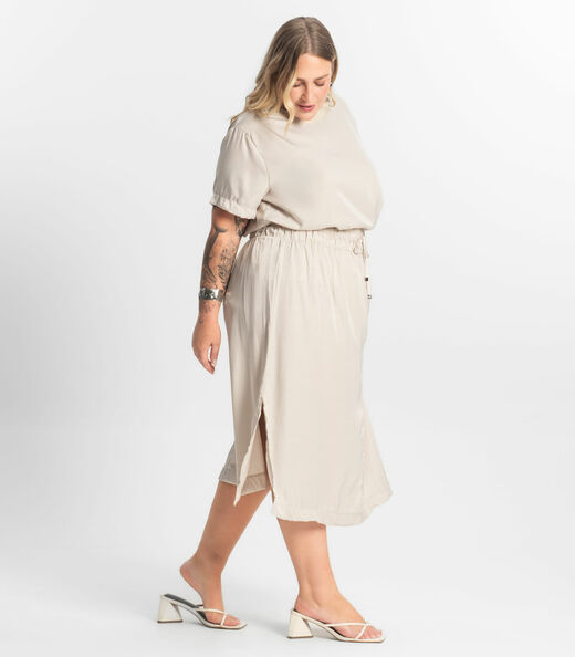 Saia Midi Plus Size Secret Glam Bege