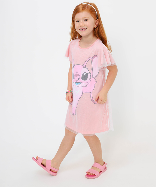 Vestido Infantil Tule Stitch Glitter Manga Curta Tam 4 a 10 Rosa