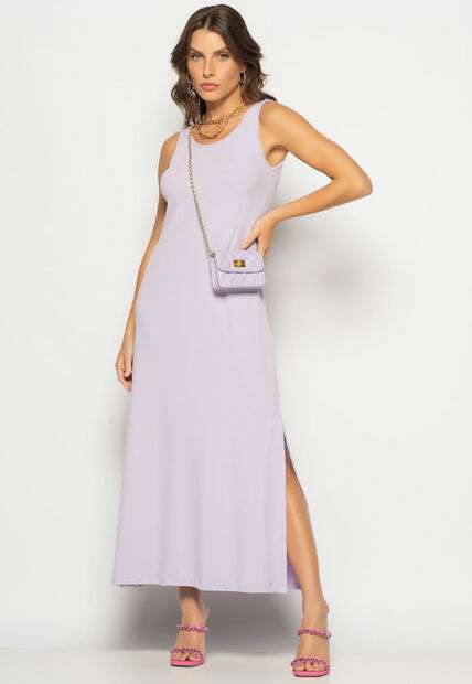 Vestido Longo Regata Com Fenda Canelado Lilás Salvatore