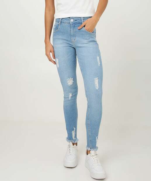 Calça Jeans Destroyed Skinny Feminina Barra Desfiada Biotipo