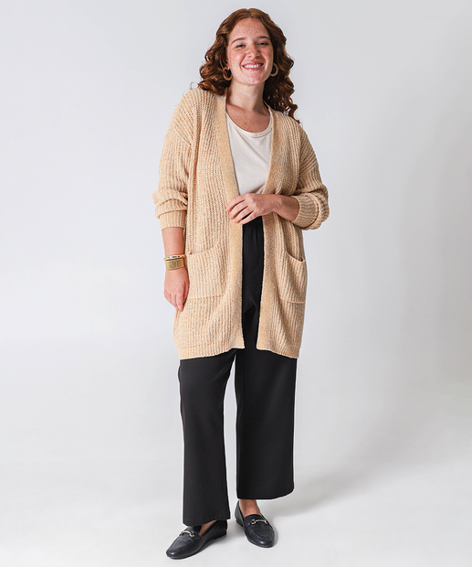 Cardigan Plus Size Feminino Chenille Brilho Lurex Marisa Bege