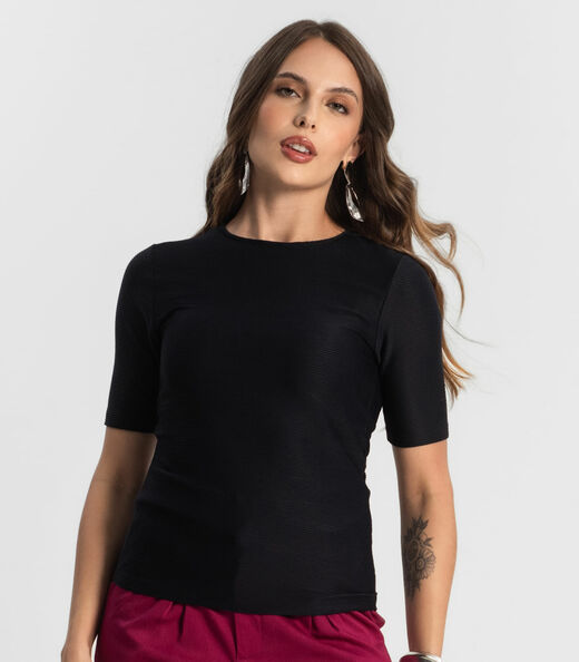Blusa Feminina Manga Curta em Poly Endless Preto