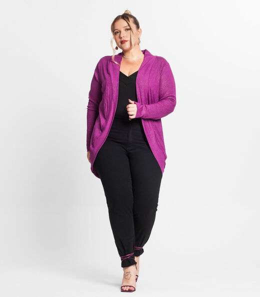 Cardigan Plus Size Em Ribana Canelada Secret Glam Roxo