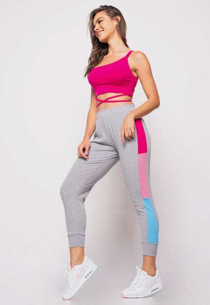 Cropped  Ombro Único Com Tiras Malha Canelada Pink