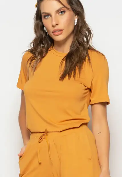 Conjunto Blusa Gola Redonda M/C e Jogger Recortes Malha Caramelo Salvatore