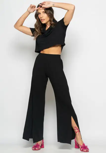 Conjunto Cropped Golão E Calça Fenda Frontal Malha Preto Salvatore