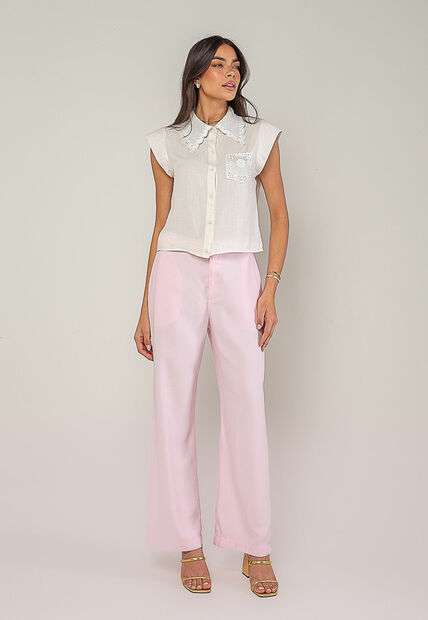 Blusa Alfaiataria Com Gola Em Renda E Bolso Decorado Branco Salvatore