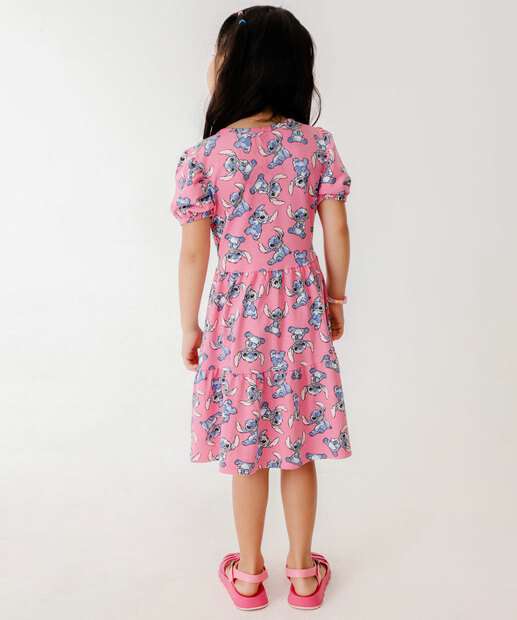 Vestido Infantil Manga Bufante Stitch Disney Tam 4 a 10