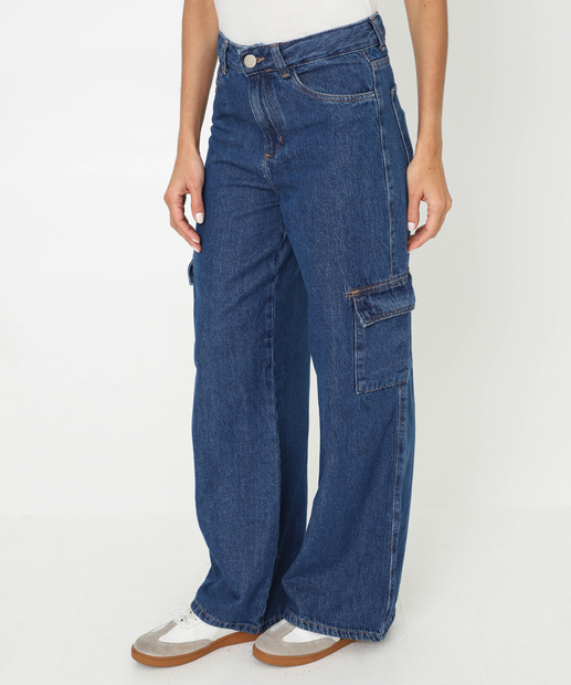 Calça Feminina Jeans Cargo Wide Leg Marisa Azul
