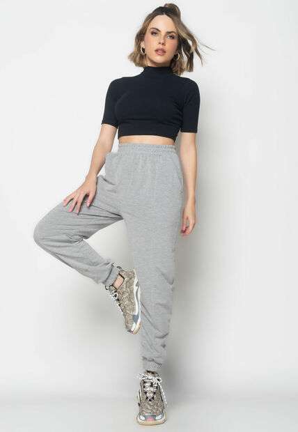 Cropped  Gola Alta Comfy Malha Canelada Preto Salvatore Fashion