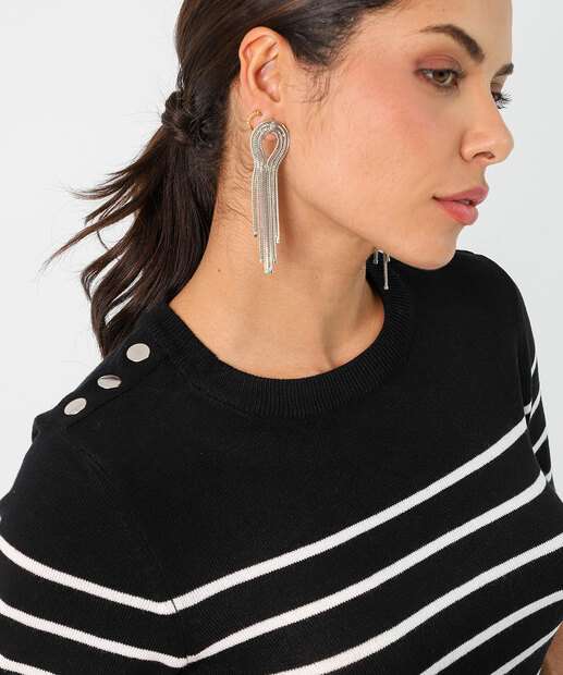 Blusa Feminina Tricô Listrada Manga Curta Marisa Preto