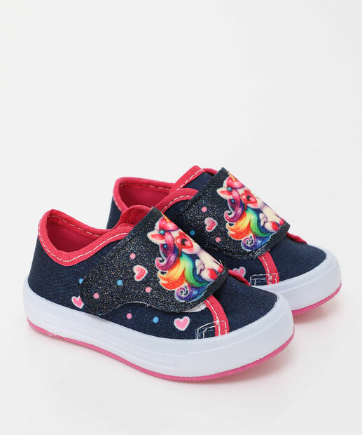 Tênis Infantil Casual Jeans Únicornio Velcro Azul