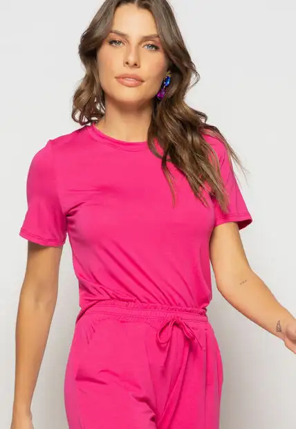 Conjunto Blusa Gola Redonda M/C e Jogger Recortes Malha Rosa Salvatore