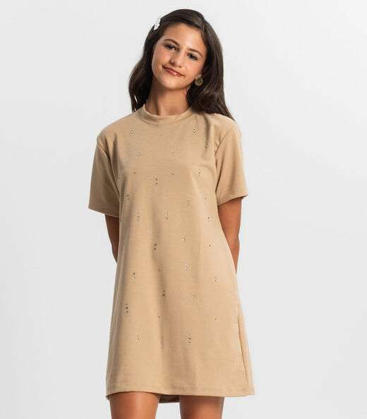 Vestido Juvenil Com Strass Minty Marrom