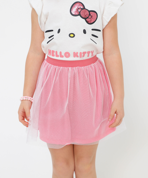 Conjunto Infantil Tule Paetê Hello Kitty Tam 4 a 10 Off White