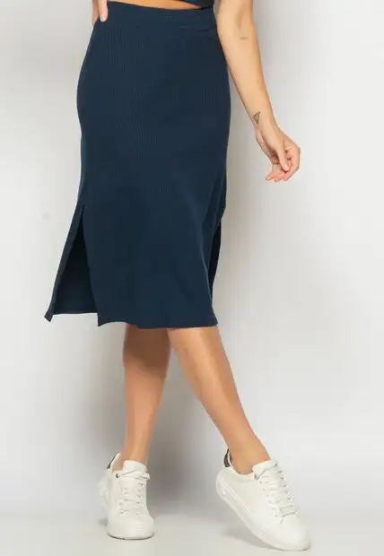 Conjunto Cropped Regata E Saia Midi Malha Canelada Marinho Salvatore