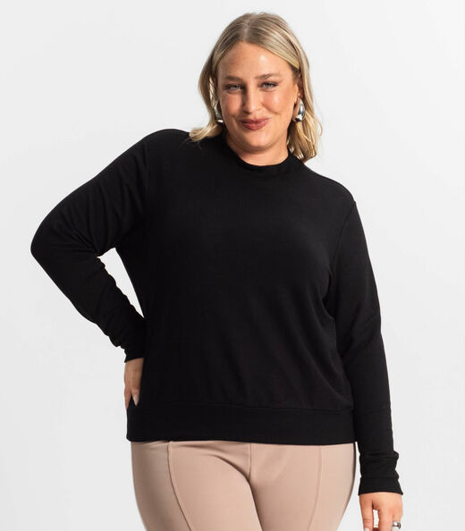 Blusão Feminino Plus Size Manga Longa Secret Glam Preto