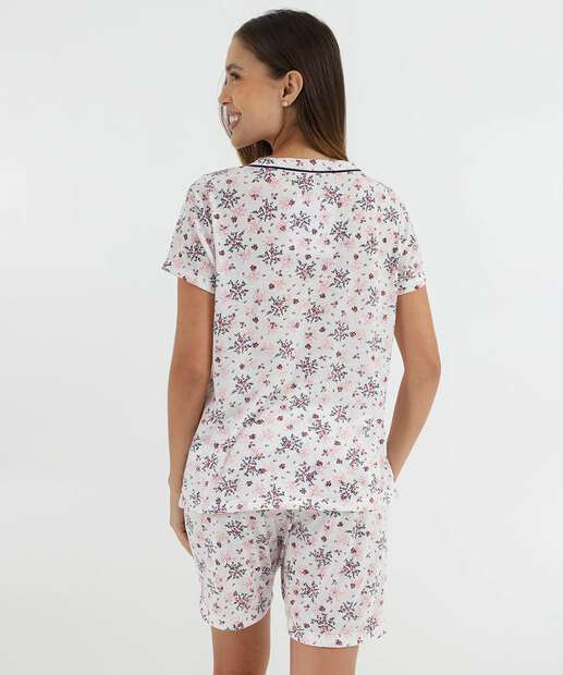 Pijama Feminino Flores Manga Curta Marisa Off White