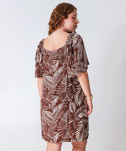 Vestido Plus Size Feminino Folhas Manga Curta Marisa Marrom