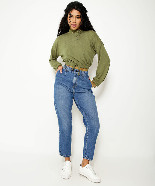 Calça Mom Jeans Feminina Bolsos Marisa
