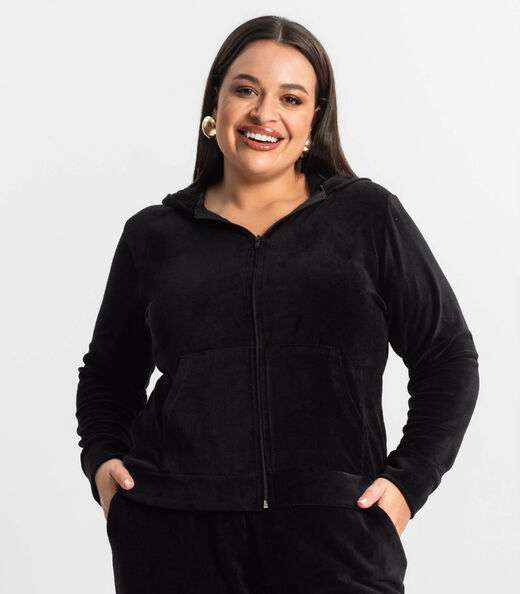 Jaqueta Feminina Plus Size Com Capuz Secret Glam Preto