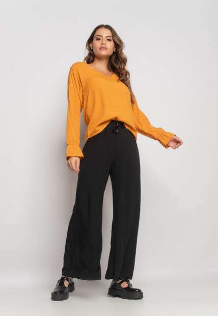 Blusa Gola V Manga Babado Viscolinho Mostarda Salvatore