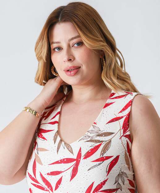 Vestido Plus Size Feminino Laise Folhas Marisa Off White