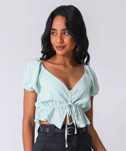 Blusa Cropped Feminina Fenda Amarração Marisa Verde