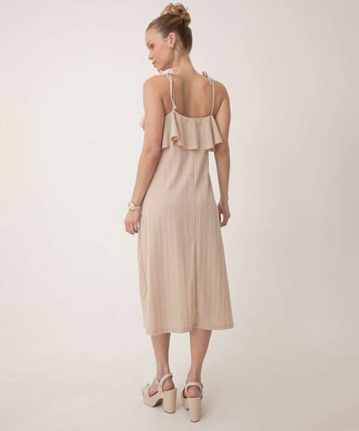 Vestido Midi Feminino Babado Canelado Marisa Bege