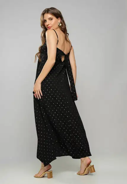 Vestido Midi Viscose Com Lurex Com Amarração Preto Salvatore Fashion