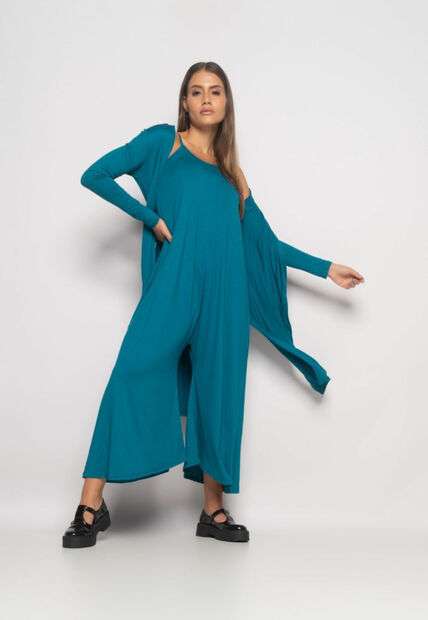 Conjunto Macacão Pantalona e Kimono Malha Azul Salvatore