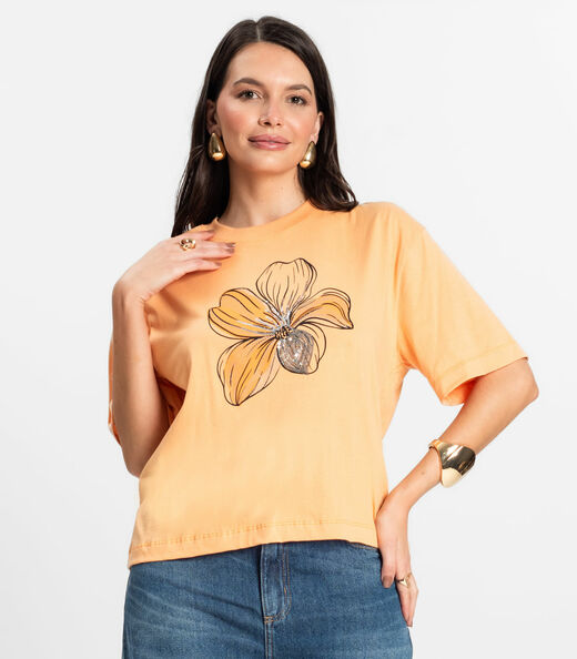 T- Shirt Box Feminina em Meia Malha Rovitex Laranja