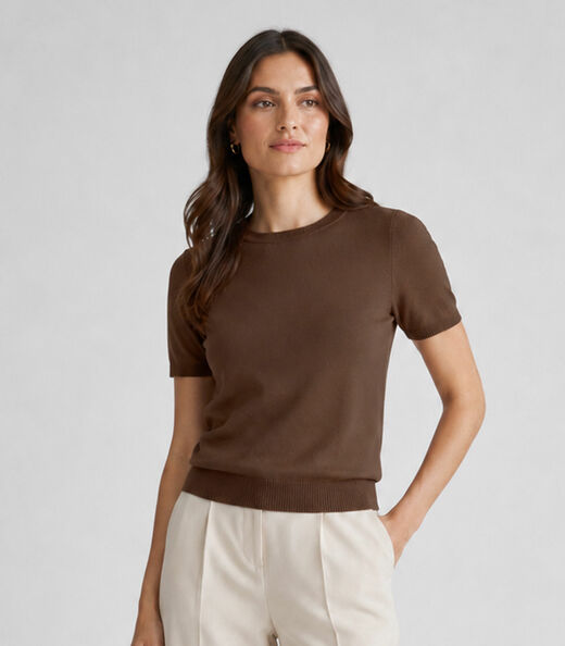 Image_Blusa Feminina Manga Curta Lisa Em Tricot Dianna Marrom
