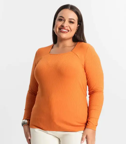 Blusa Plus Size Em Ribana Canelada  Secret Glam Laranja