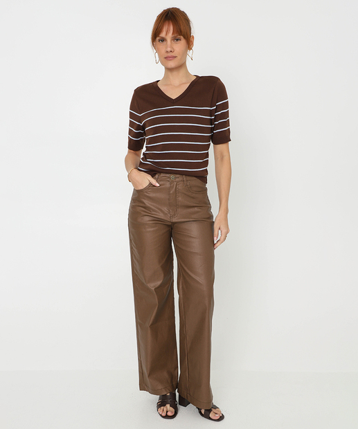 Blusa Feminina Tricô Listrada Manga Curta Marisa Marrom
