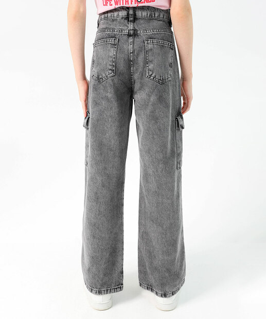 Calça Juvenil Jeans Wide Leg Cargo Tam 10 a 16 Marisa Preto