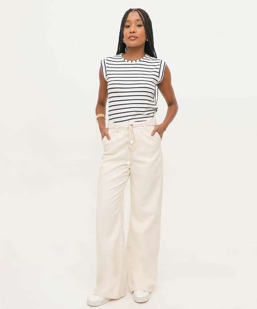 Calça Sarja Wide Leg Bolsos Feminina 