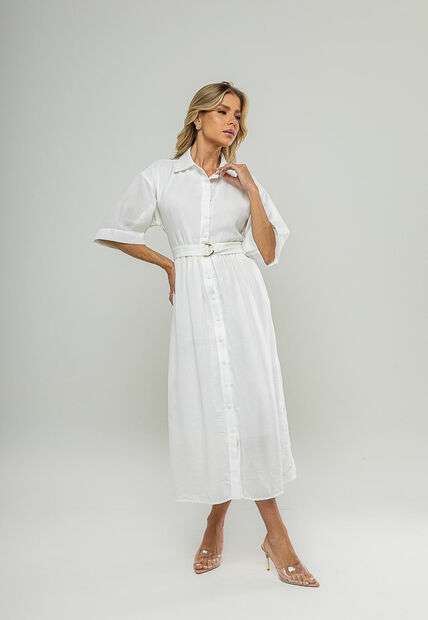 Vestido Midi Chemise Com Cinto Branco Salvatore