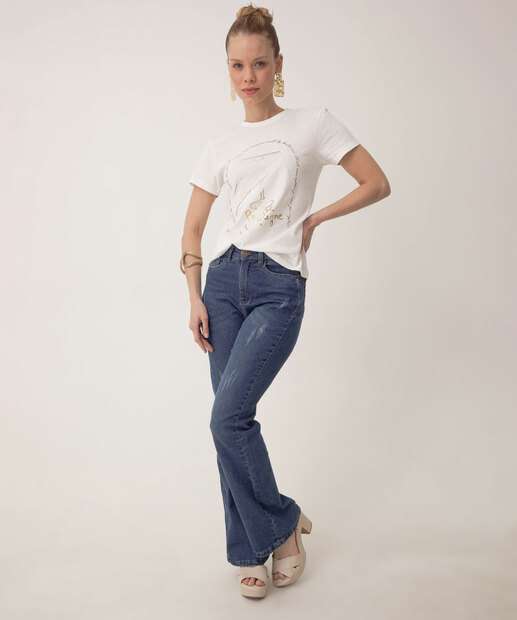 Calça Jeans Feminina Flare Puídos Cintura Alta
