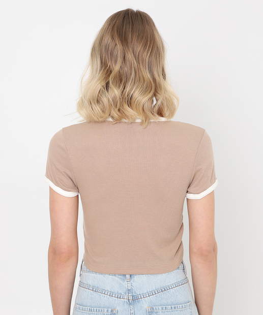 Blusa Cropped Feminina Canelada Marisa Bege