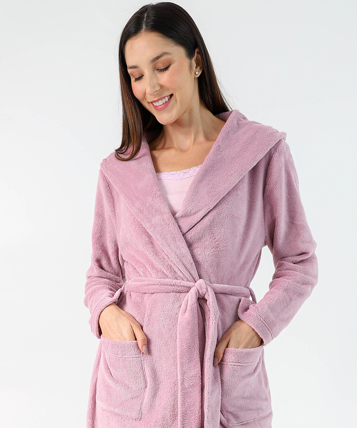 Roupão Feminino Plush com Capuz Marisa Rosa 