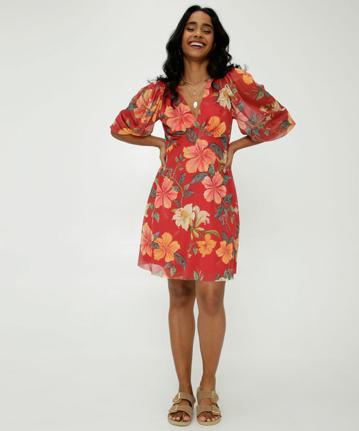 Vestido Feminino Tule Floral Manga Bufante 3/4 Marisa