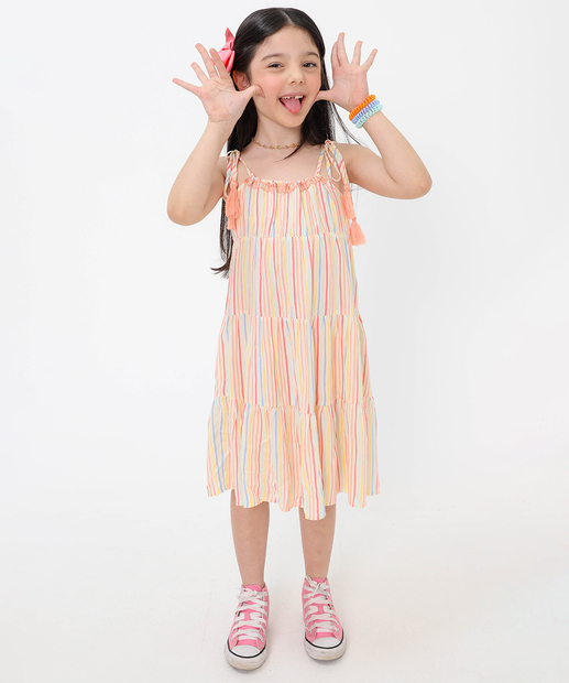 Vestido Infantil Listrado Marisa Tam 4 a 10 Off White