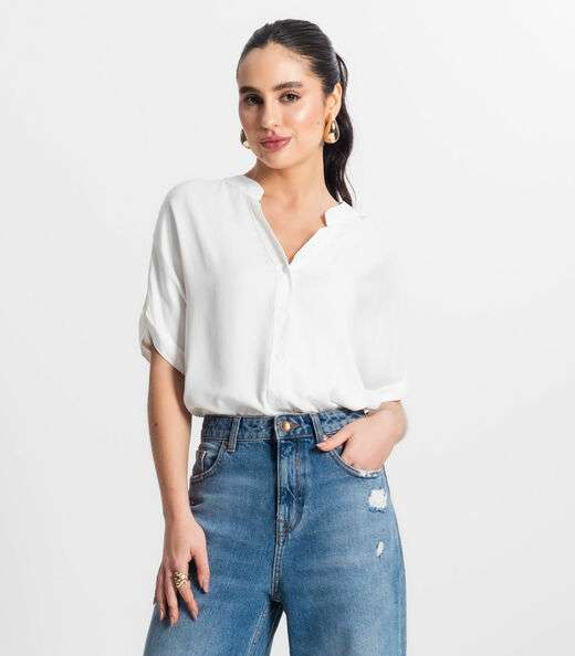 Camisa Feminina Gola Padre Manga Curta Select Bege