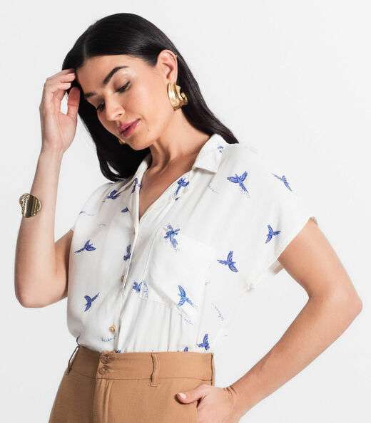 Camisa Feminina Manga Curta Viscose Select Azul