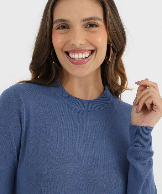 Suéter Feminino Liso Gola Careca Marisa Azul