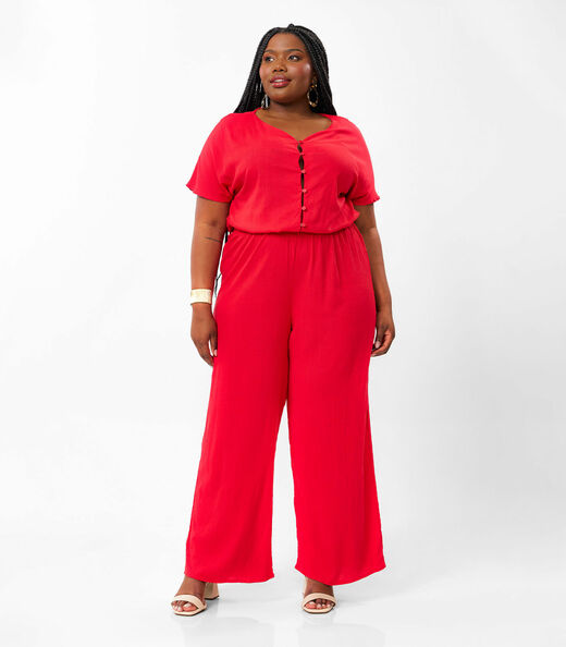 Macacão Plus Size Em Viscose Slub Secret Glam Vermelho