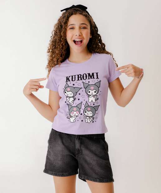 Blusa Juvenil Manga Curta Kuromi Sanrio Tam 10 a 16
