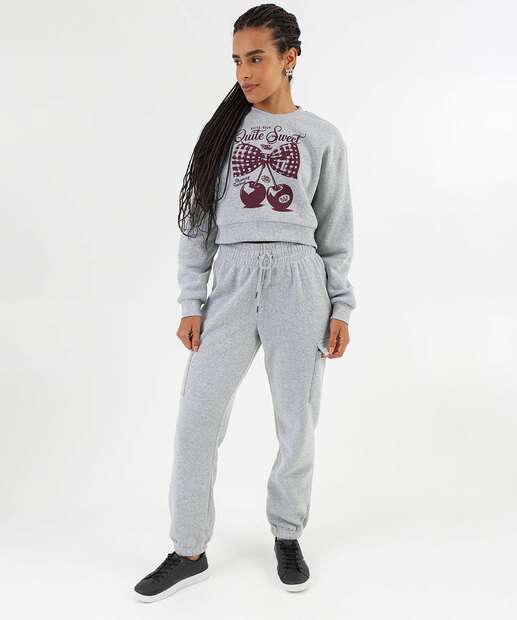 Blusão Feminino Cropped Moletom Estampado Marisa Cinza