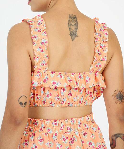 Blusa Cropped Feminina Floral Babado Alças Largas 